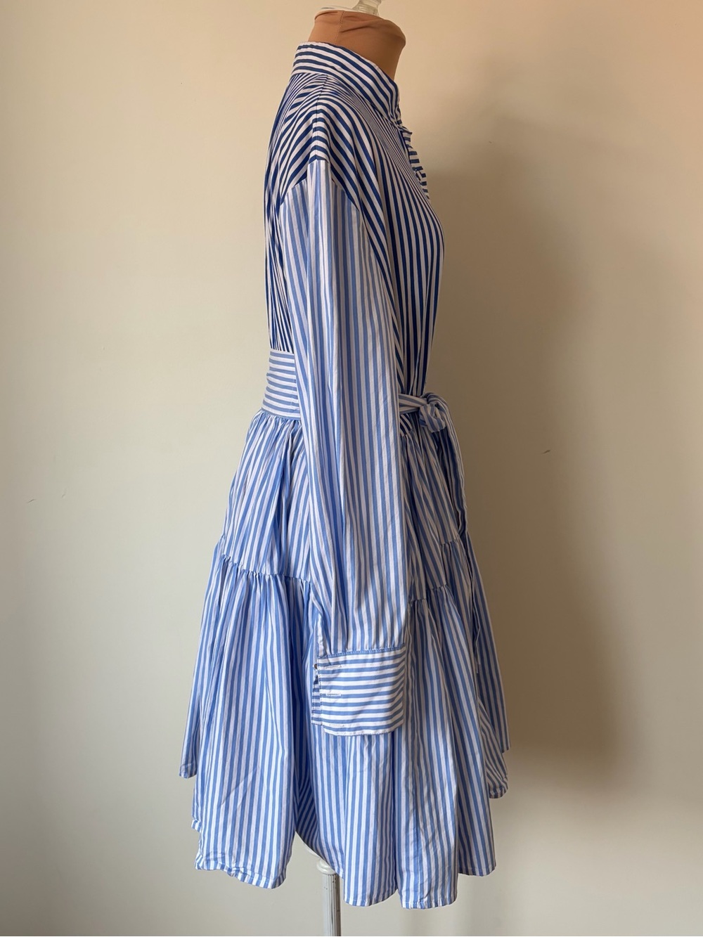 Bohemian Traders Pinstripe Long Sleeve A-Line Waist Tie Blue White Mini Dress M - Picture 4 of 12